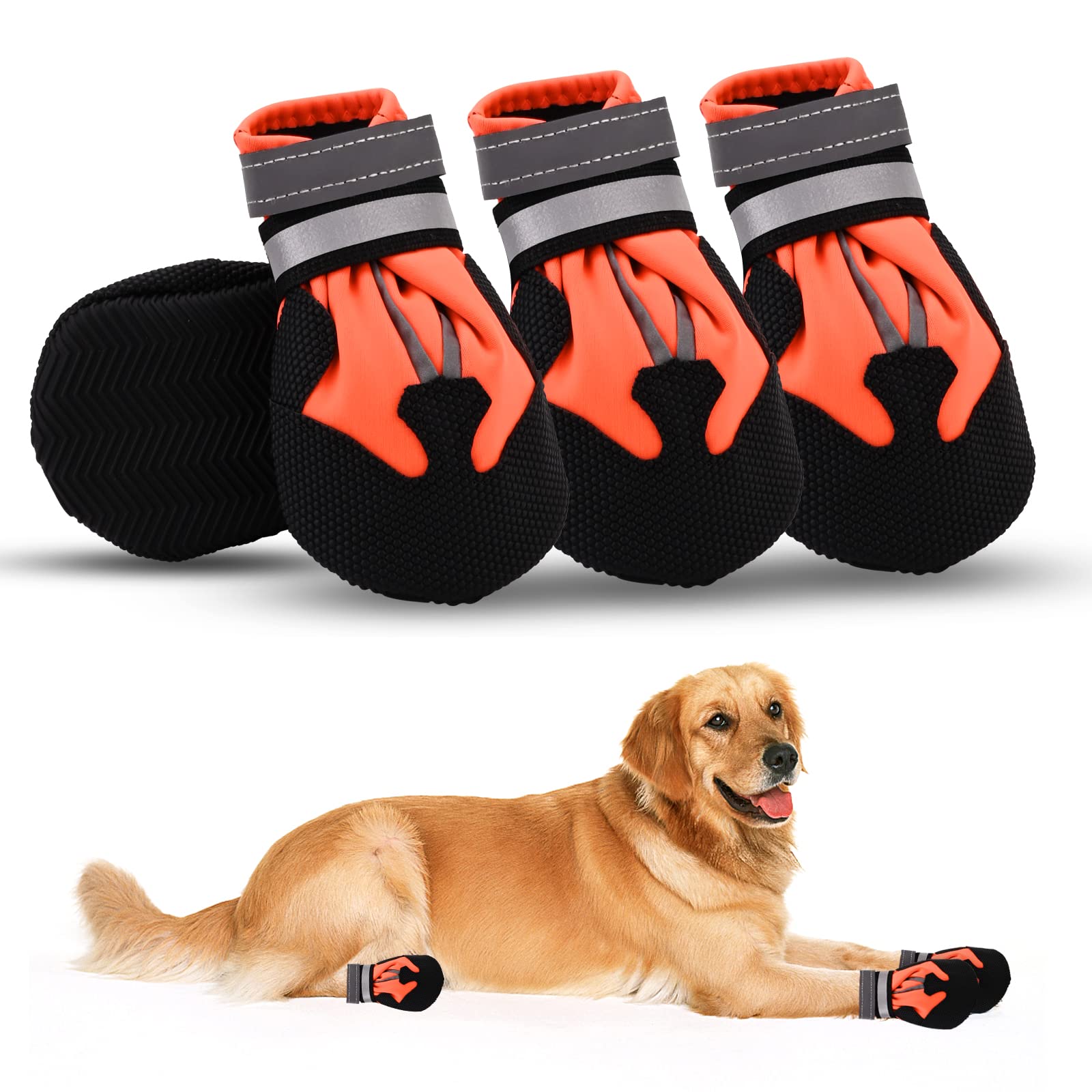 Dog Boots, Set of 4 Waterproof Dog Shoes with Reflective Straps Anti-Slip Sole Outdoor Paw Protectors Puppy Shoes for Small Medium Dogs Autumn Winter (Orange, XL)