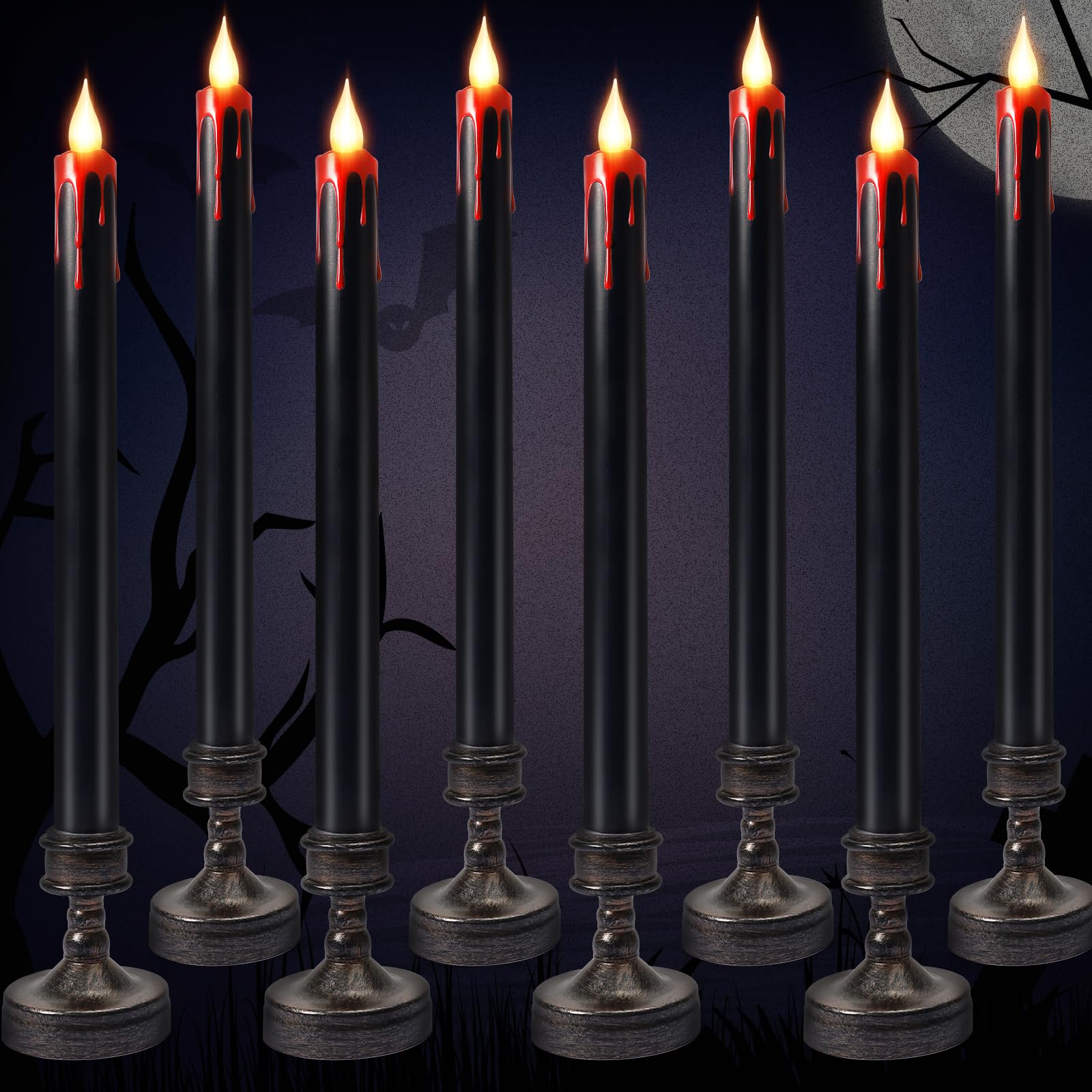 Photo 1 of 7pcs only YUNVI Black Halloween Flamless Bleeding Taper Candles Flickering Taper Candlesticks with Stand, LED Drip Wax Candles for Halloween Indoor Fireplace Decoration