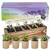 5 Herb Garden Kit with Wooden Box - Including Basil, Thyme, Parsley, Rosemary, Mint - Windowsill Herb Garden for Kitchen, Gardening Gifts for Mom Women, Men, Gift Ideas for Birthday, Housewarming