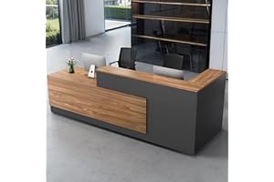 HUARIIFOWM Modern L-Shaped Reception Desk with Hutch, Reception Counter Table, Lockable Drawer Door Cabinet, Office Wooden Computer Front Desk (European Oak+lron Gray-Right Cabinet, 63"L*24"W*41"H)