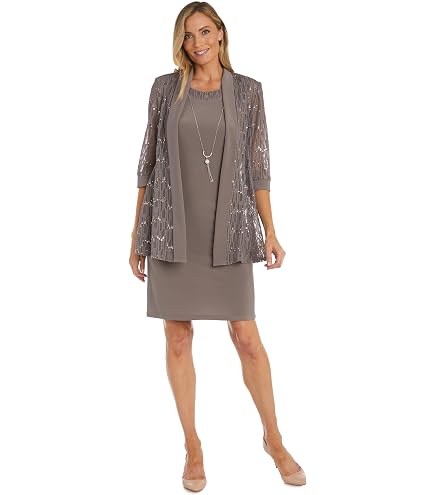 R&M Richards Women's Flyaway Chiffon Jacket & Shift Lace Glitter Dress W/ Beaded Neckline