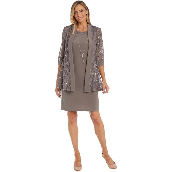 women's r&m richards beaded godet jacket & dress set R&M Richards 8442P Short Beaded Petite Jacket Dress