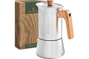 WALDWERK Stainless Steel Moka Pot (10oz) - Toxic Free Moka Pot with Oak Wood Handle - Stovetop Espresso Maker - Italian Coffee Maker for Stovetop and Induction