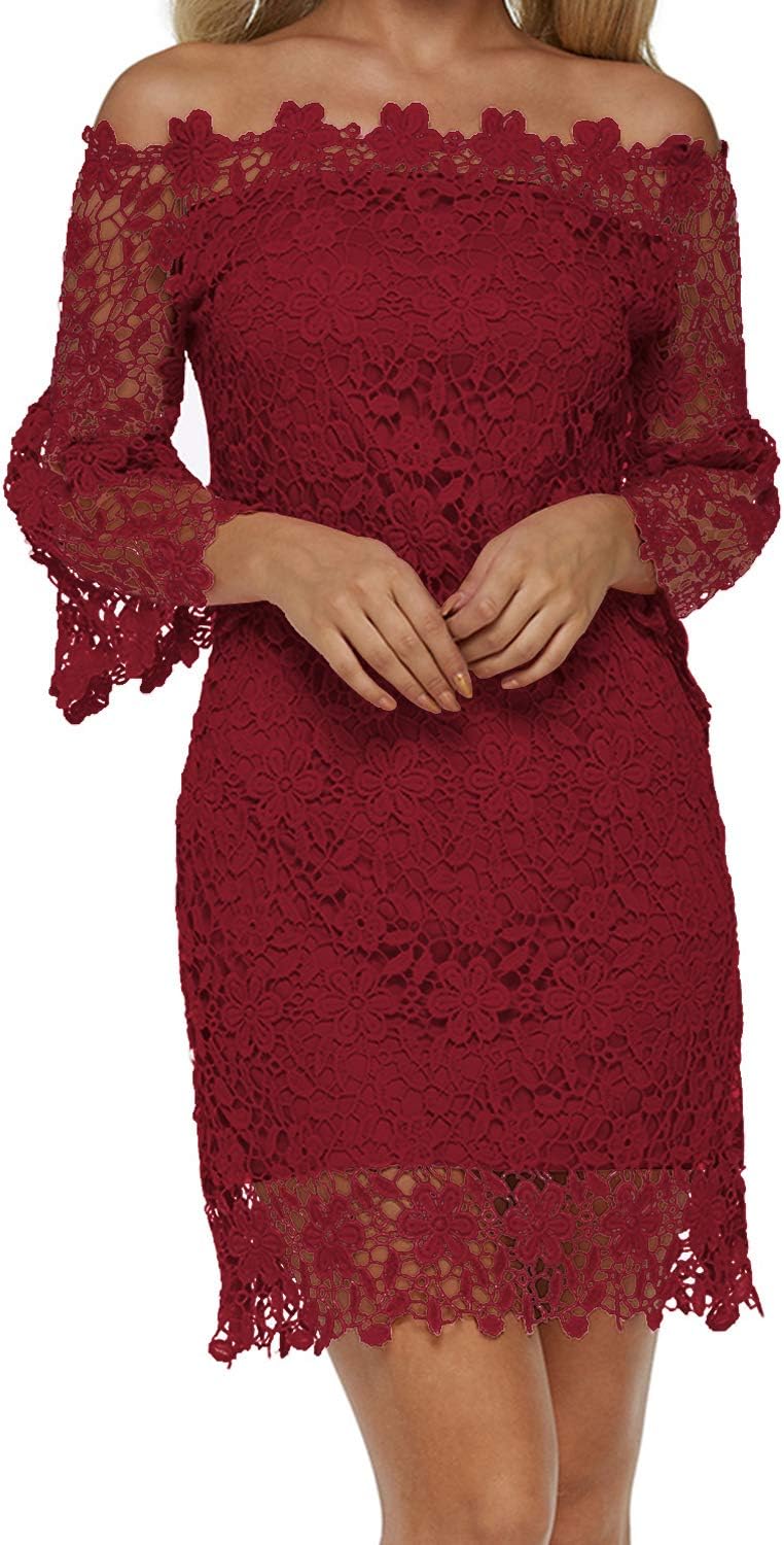 Women Off Shoulder Pencil Dress Vintage Floral Lace Long Sleeve Mini Dress Cocktail Party Swing Dress