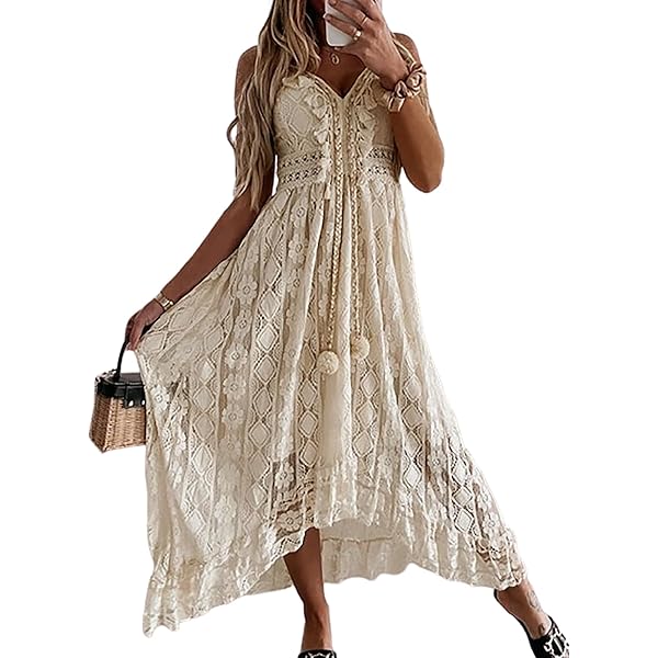 Women's Lace Dresses Boho Tassel V-Neck Flare Ruffle Beach Sundress Sleeveless Asymmetrical Hi-Lo Hem Flowy Maxi Dress Beige at Amazon Women's Clothing store Women's Lace Dresses Boho Tassel V-Neck Flare Ruffle Beach Sundress Sleeveless Asymmetrical Hi-Lo Hem Flowy Maxi Dress Beige at Amazon Women's Clothing store