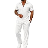 UOUA Mens Summer 2 Piece Set Casual Outfits Button Short Sleeve Shirt & Loose Pants Textured Striped Tracksuit Walking Suits