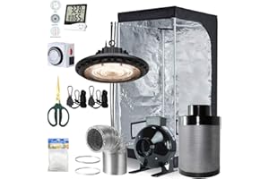 BloomGrow 300W Full Spectrum UFO LED Light + 32''x32''x63'' Grow Tent + 4'' Inline Fan Filter Duct Combo + Hangers + Hygrometer + Shears + 24-hour Timer + Trellis Netting Indoor Grow Tent Complete Kit