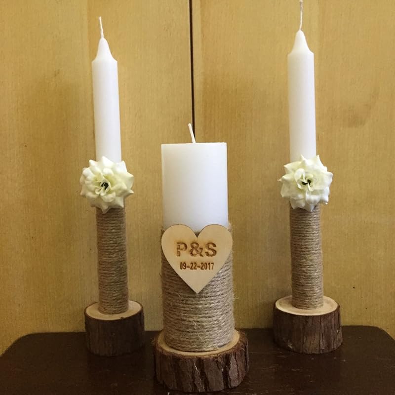 Personalised Wedding Unity Candle Set with Wood Candles Holders, Custom Wedding