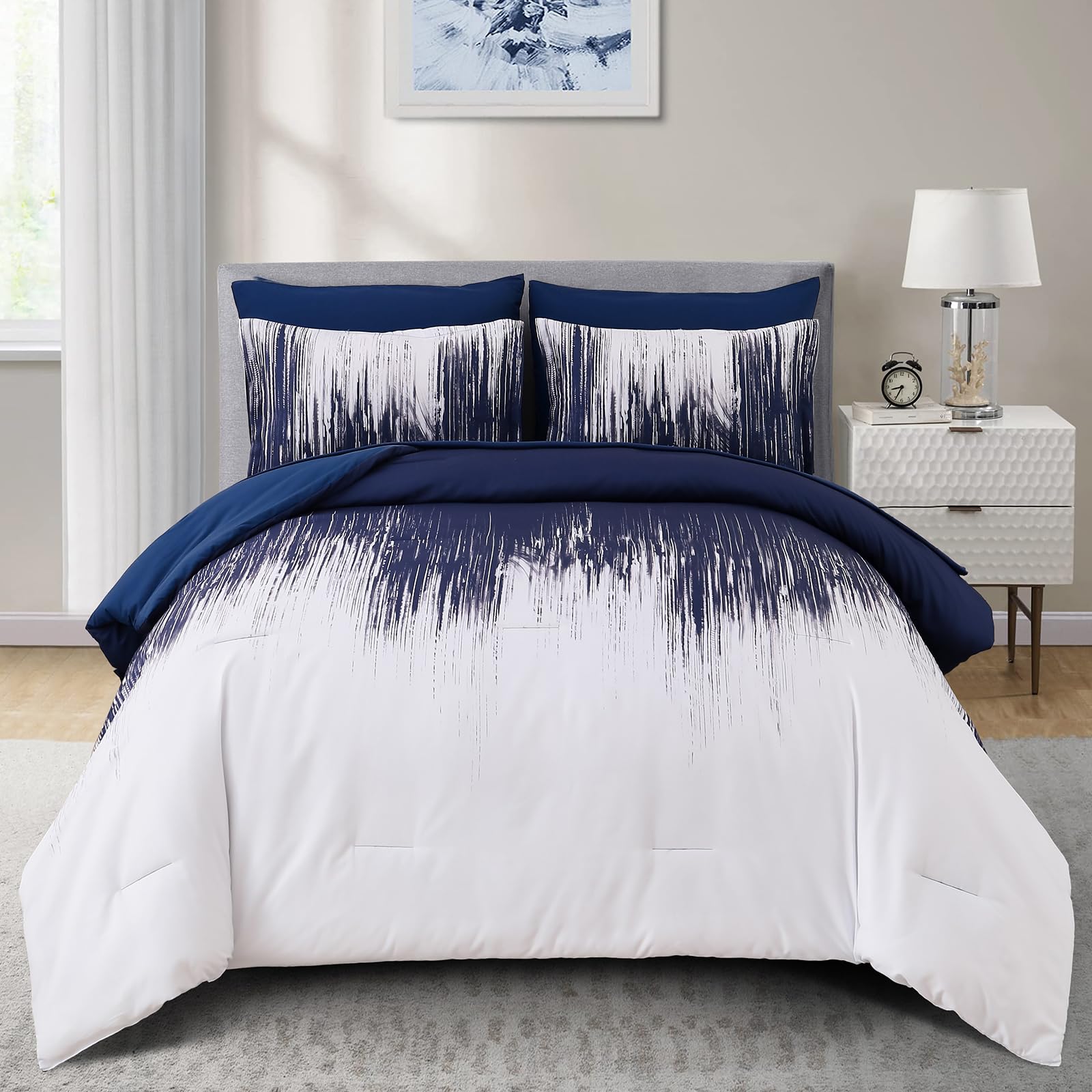 Photo 1 of Dinjoy Ombre Blue Comforter Set Queen Size Gradient Navy Blue White Boho Bedding Set for Teen Men Women 7 Pieces Bed in A Bag Bohemian Bed Set with Comforter, Sheets, Pillowcases & Shams