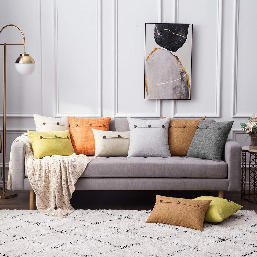MIULEE Set of 2 Decorative Linen Throw Pillow Covers Cushion Case Triple Button Vintage Farmhouse Pillowcase for Couch Sofa Bed 18 x 18 Inch 45 x 45 cm Fall Orange: Home & Kitchen