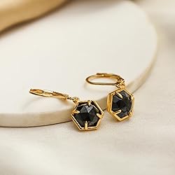 Gempires Black Spinel Hexagon Drop Earrings for
