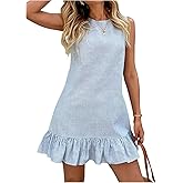 SOLY HUX Women's Striped Print Sleeveless Ruffle Tunic Dress Summer Swing Flowy Mini Dresses