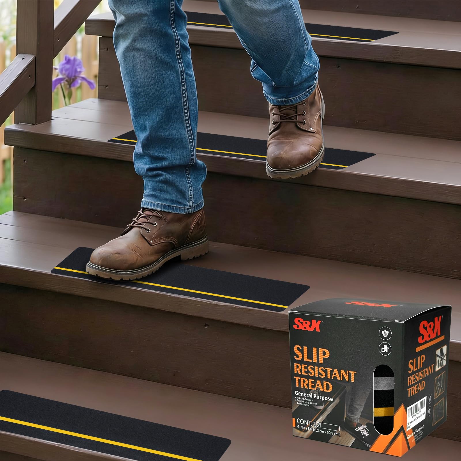 S&X Anti Slip Stair Treads, 12-Pack - 10cm x 61cm Pre-Cut Anti Slip Tape Outdoor Waterproof for All Slippery Surfaces - Weather Resistant Heavy Duty Non Slip Tape with Reflective Stripe