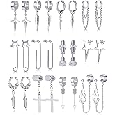 Ofeiyaa 12 Pairs Stainless Steel Classic Dangle Earrings for Men Punk Gothic Long Chain Piercing Drop Earring Set Hinged Hoop Huggies Earring Jewelry Gift Silver Black Tone