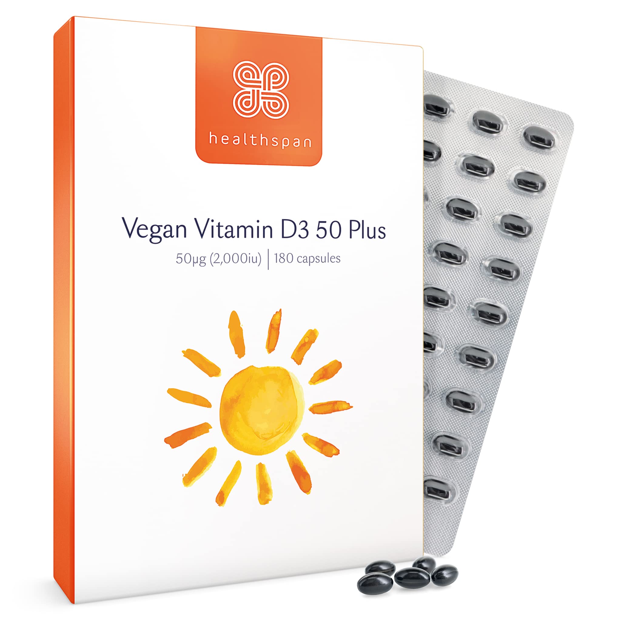 Healthspan Vegan Vitamin D3 50 Plus | 180 Capsules | 2000iu Vitamin D | Healthy Muscle, Bones & Teeth | Immune Support