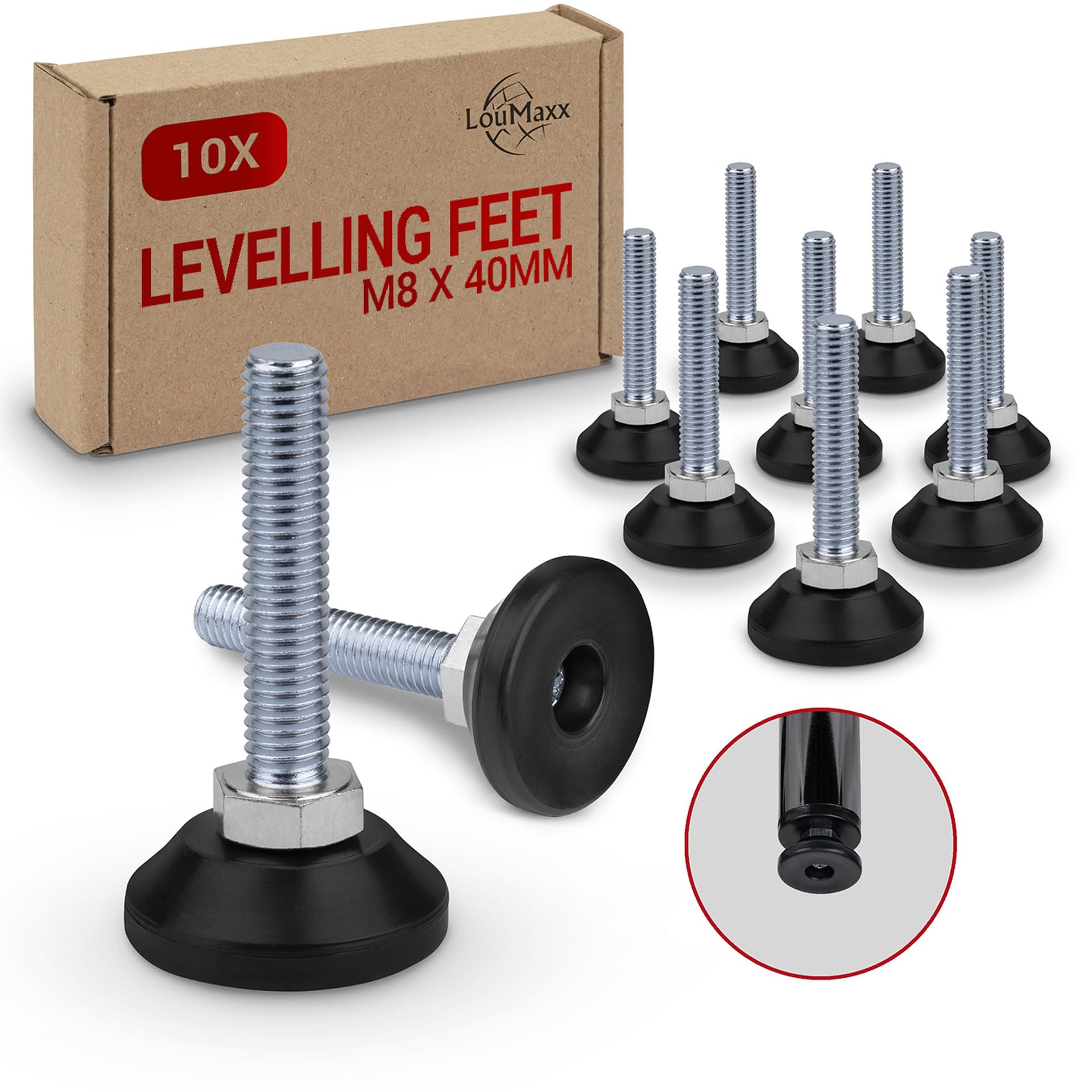 LouMaxx Adjustable Feet M8 x 45 mm - Set of 10 - Adjusting Screws - Height-Adjustable Feet - Screw Base - Machine Base, Screw Feet Height Adjustable - Adjustment Screws with Foot M8 x 45 mm