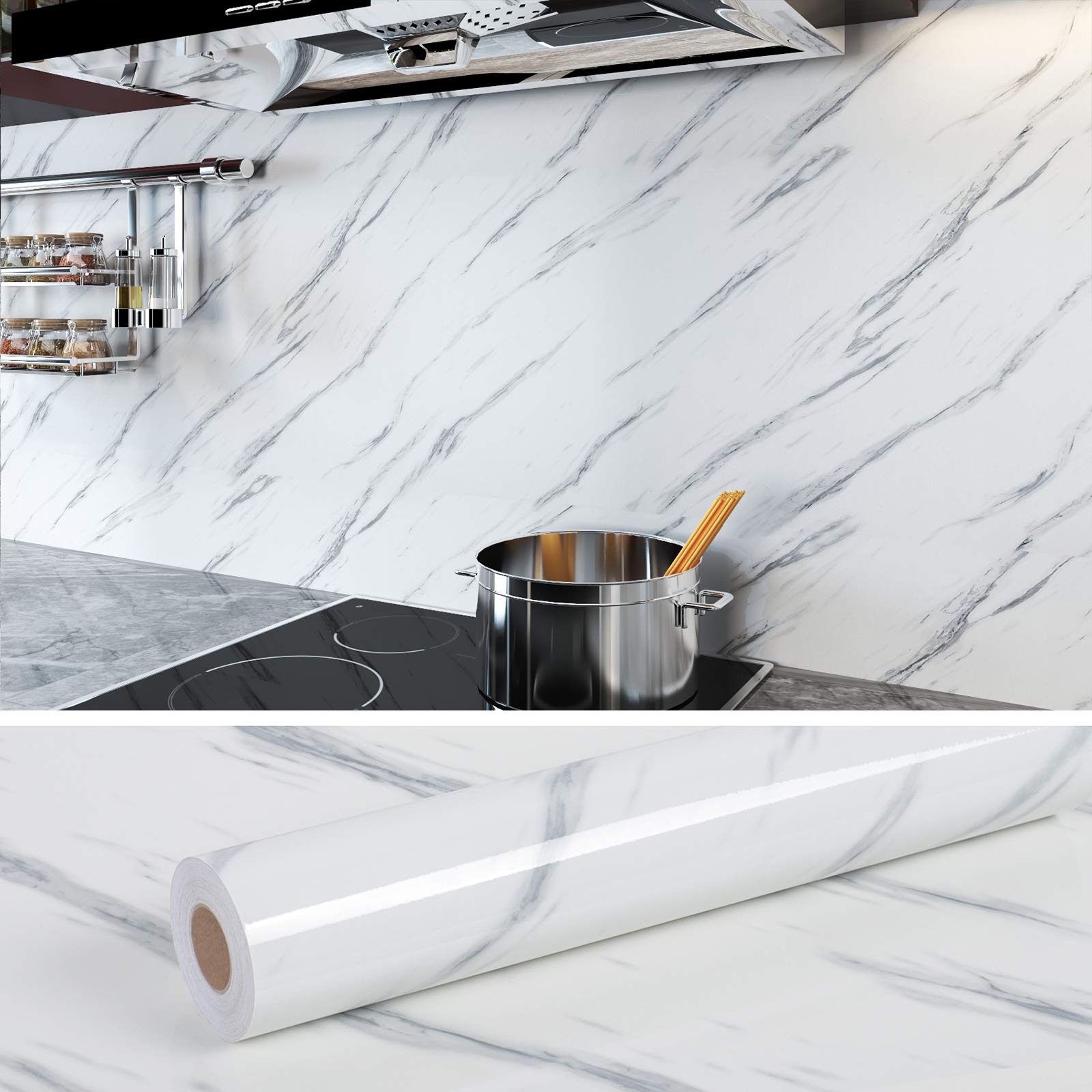 VEELIKE White Marble Contact Paper for Countertops Cabinets Self-Adhesive Worktop Vinyl Covering Sticky Back Plastic Removable Waterproof for Kitchen 40cm x 1800cm