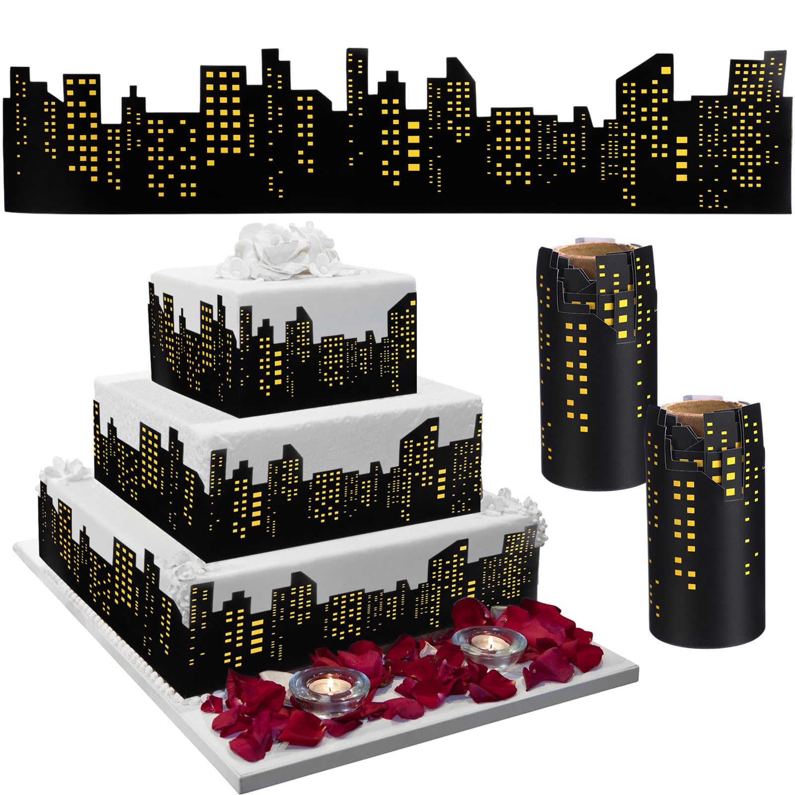 Photo 1 of Janlaugh 2 Roll City Cake Border Decoration City Skyline Birthday Cake Decor Topper Stick On or Lay On Skyscrapers Building Scenic Theme Birthday Accessories for Bday Party Supplies (Skyline, Yellow)