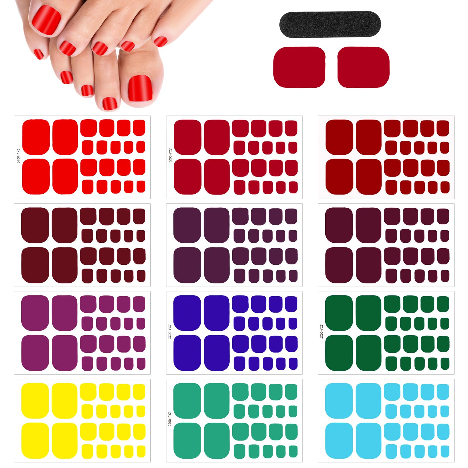 JSRQT 12 Sheets of 3D Glitter Toenail Strips Self-Adhesive Toenail Stickers Complete Manicure Foot Decoration Full Wrap Sticker with Nail File