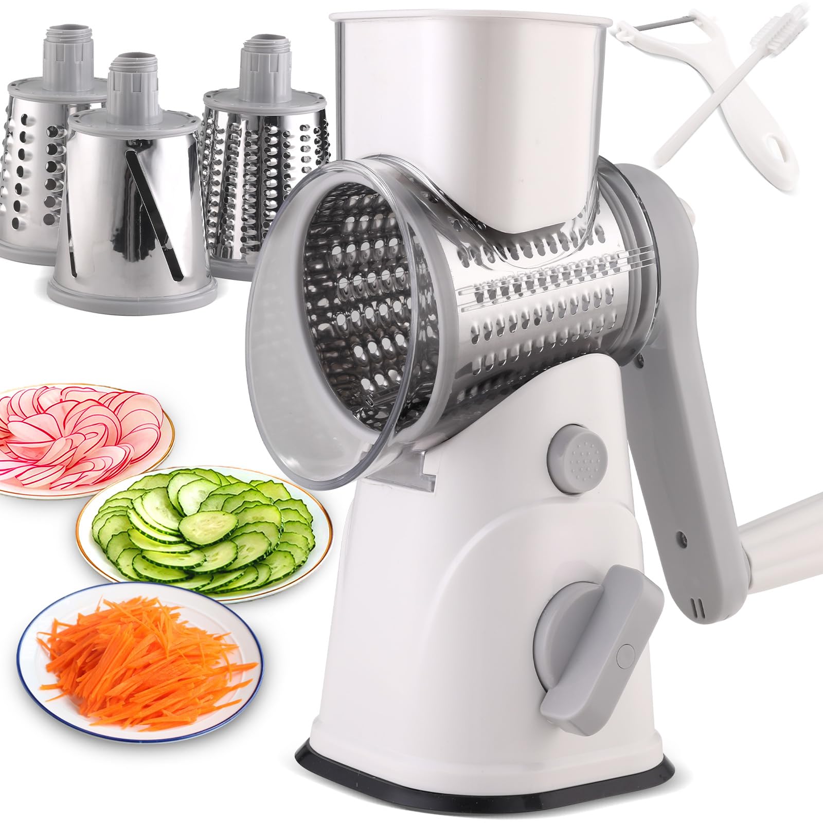 Photo 1 of Rotary Cheese Grater Hand Crank, Kitchen Mandolin Vegetable Cheese Shredder with 3 Interchangeable Blades,Easy Clean Rotary Grater with Handle,Kitchen Grater Grinder for Cutting Cheese,Vegetable Nuts