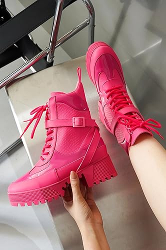 Women's Chunky Heel Combat Boots Platform Lace Up, High Top Ankle