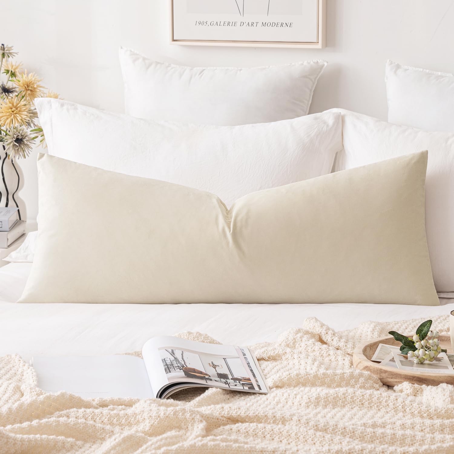Photo 1 of MIULEE Velvet Pillow Cover Soft Luxury Decorative Throw Pillow Cover Single Rectangle Long Body Lumbar Cushion Case for Couch Sofa Bedroom Car Decor,14x36 Inch Cream White