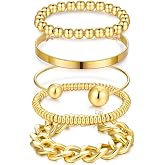 YEEZII Gold Bracelets Stack for Women Trendy, 5 Pcs Chunky Adjust Chain Beaded Cuff Bangles Bracelet Pack, Stackable Women's Gold Bracelets Set