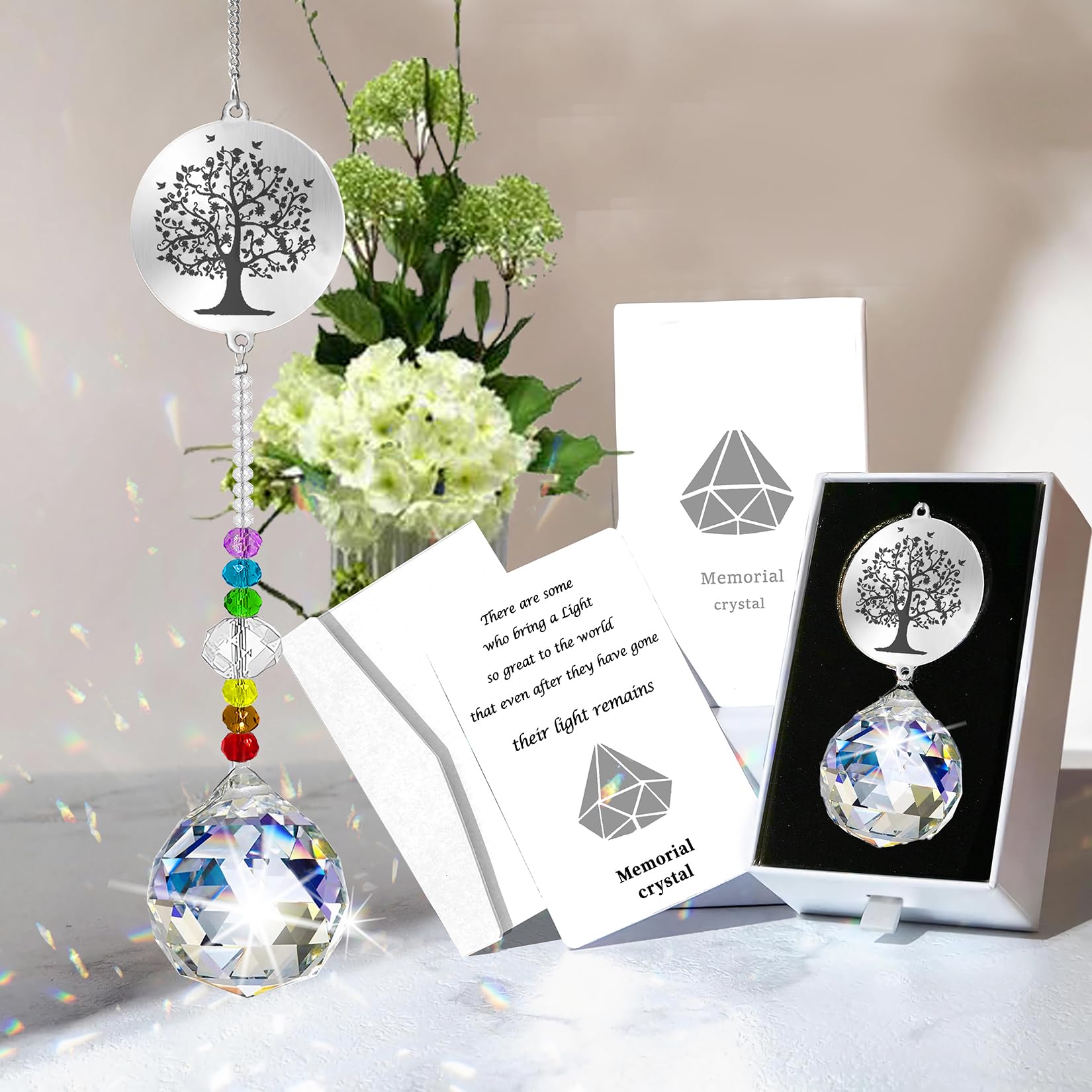 Memorial Gifts Crystal Suncatcher,Unique Sympathy Gifts for Loss of Loved One,Rainbow Maker Bereavement Gifts Box for Loss of Father Mom Dad Son Daughter Husband Brother Grandmother (Tree)