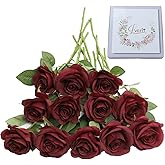 LVEFIT Artificial Rose Flower Artificial Flowers Flower with Long Stem Silk Roses Bouquet for Wedding Bridal Shower Party Home Decoration (Burgundy, 12 Pcs)