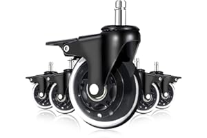 LONGADS Office Chair Caster Wheels with Brakes 5 Packs 3 in for Hardwood Floors and Low Pile Carpet,Heavy Duty Quiet Swivel Replacement -Made from Soft Premium Pu Rubber-Black