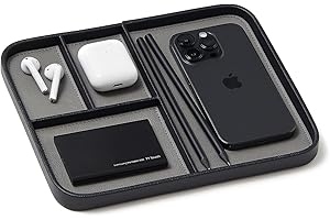 Nordik By Design Leather Valet Tray - Pebble Black Premium Vegan Stylish and Organized Nightstand for Men EDC Catchall Keys, Watch, Wallet, Jewelry Modern Bedside Caddy