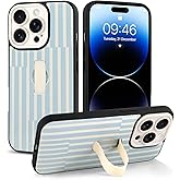 Jefonha Compatible with iPhone 14 Pro Max Case with Finger Hand Strap Kickstand, Trendy Striped Phone Case for Women Men, Full Camera Protection Shockproof Protective Cover, White and Blue Stripes