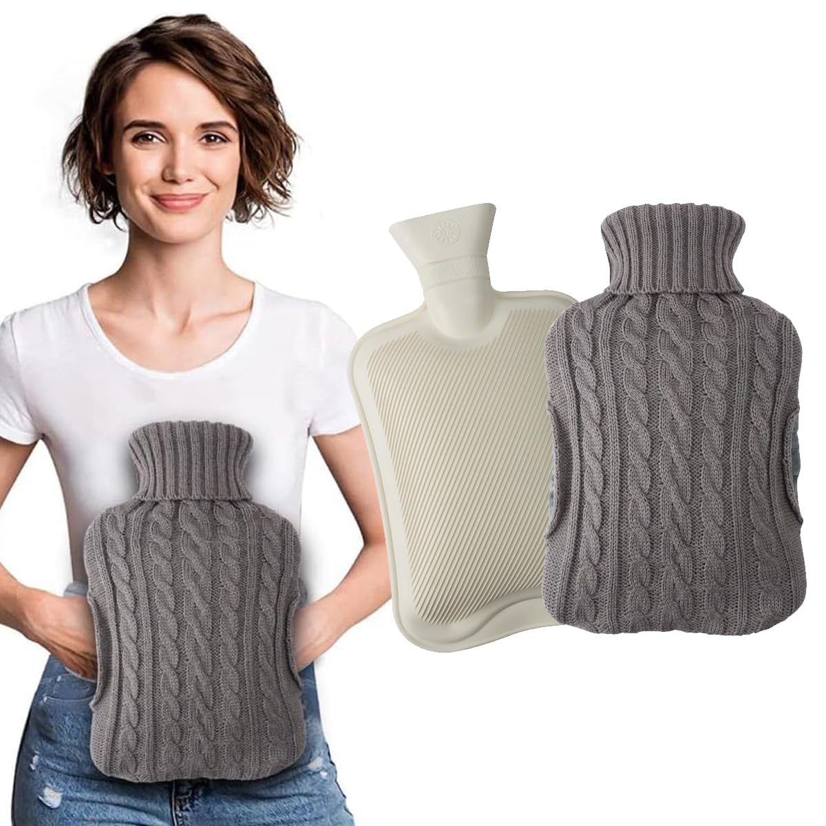 Almineez 2L Hot Water Bottle Body Warmer with Hand Warming Pocket – for Back Neck Shoulder Leg Arthritis Pain Relief Aches Cramp (Grey)