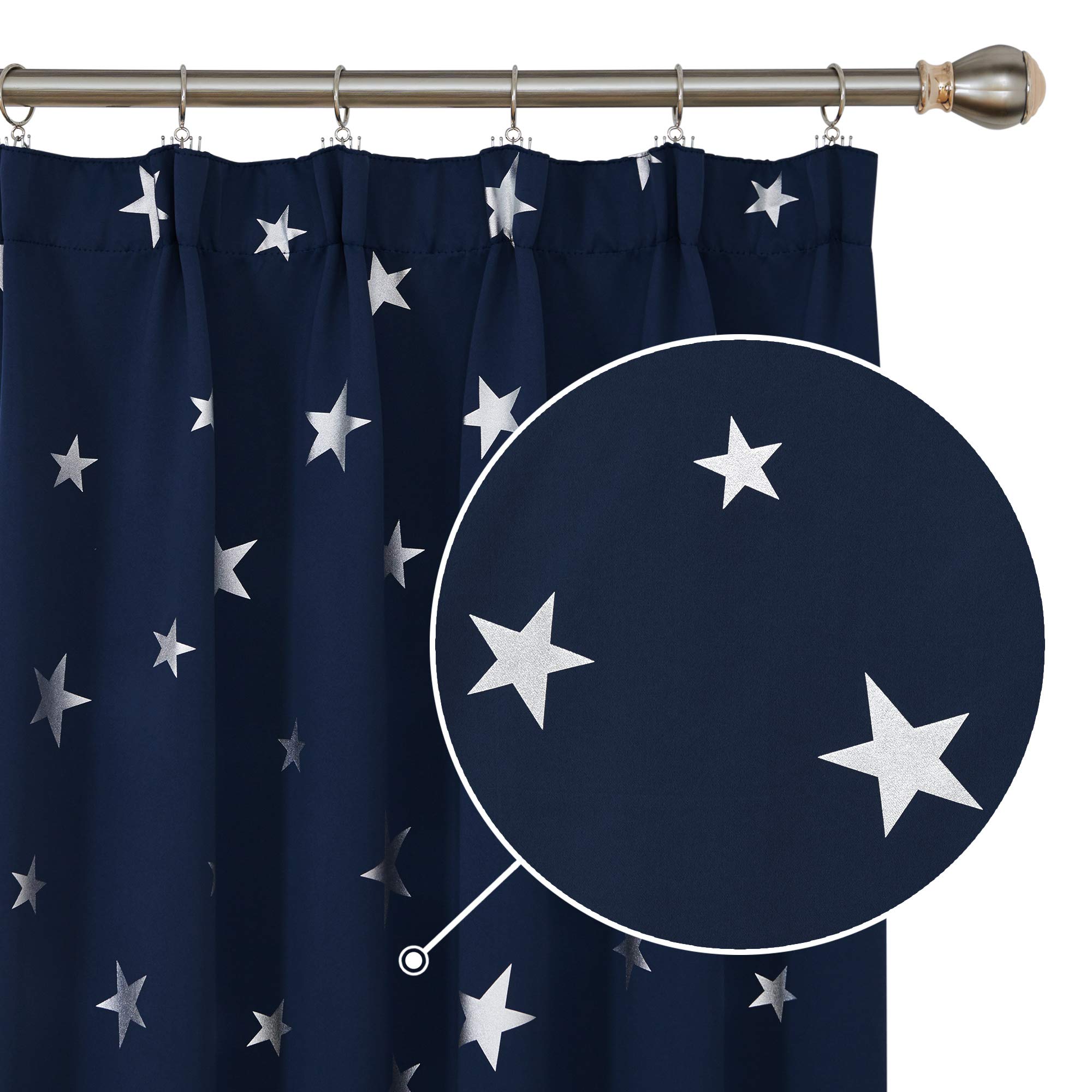 Deconovo Thermal Curtains with Stars Opaque Ruffle Tape for Children's Room, 96 x 52 Inch (Height x Width), Dark Blue, Set of 2