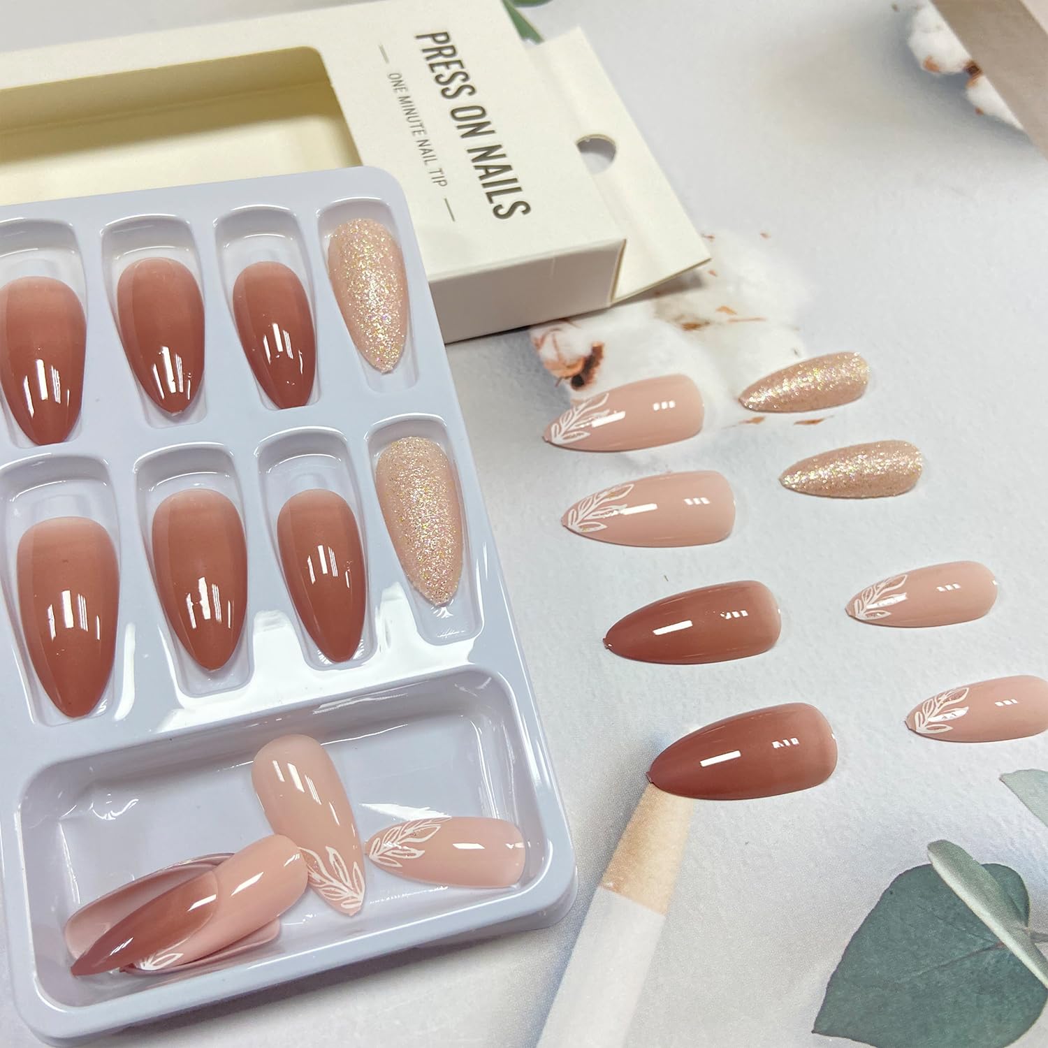 Tyuimhx 24Pcs Medium Almond Press on Nails Nude Fake Nail With Leaf Designs Glitter False Nails Glossy Full Cover Stick on Nails Acrylic Reusable Artificial Glue on Nail for Women - Image 4