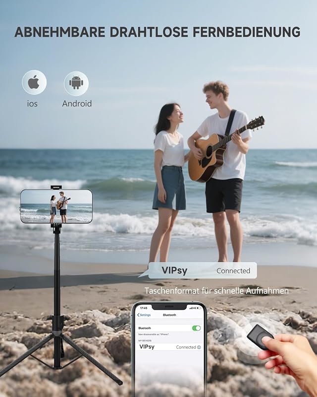 180cm Handy Stativ & Selfie Stick, Aluminium Integriertes Ausziehbares Stativ für Smartphone, Tragbarer Reisestativ-Ständer mit drahtloser Fernbedienung für iPhone/Samsung/Android/Kamera