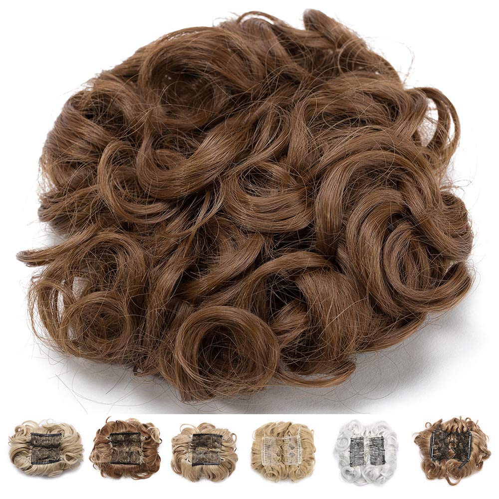 Silk-co Messy Curly Hair Bun Extension # Reddish Brown Combs Hairpieces Scrunchy Scrunchie Updo Clip in Chignon