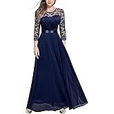 Miusol Women's Vintage Flora Lace Contrast Chiffon 3/4 Sleeve Bridesmaid Formal Maxi Dress (Small, Navy Blue)