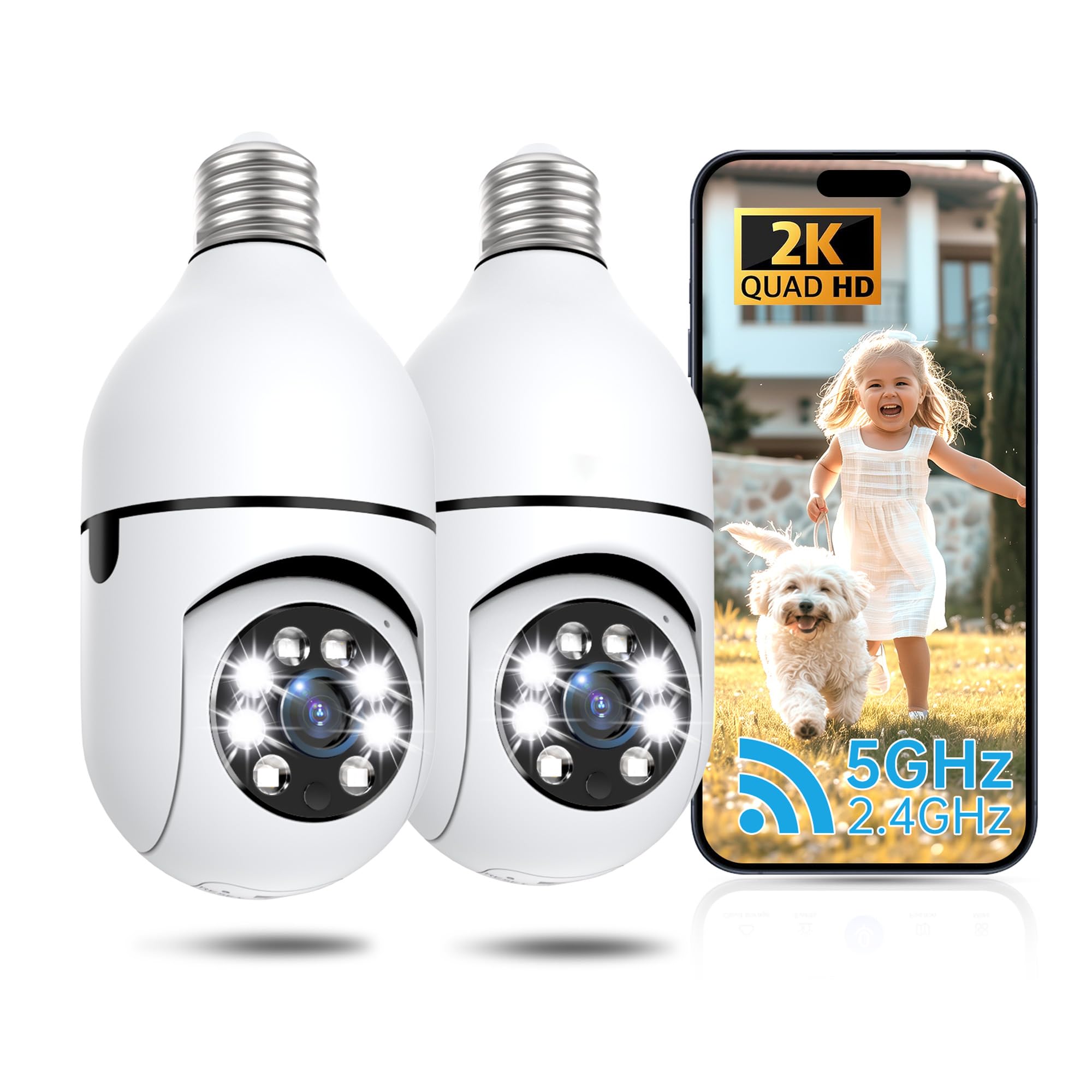 Photo 1 of Light Bulb Security Camera 2 Packs, 5G&2.4GHz 2K Security Cameras Wireless Outdoor 360° PTZ Cameras for Home Security with Color Night Vision, 2 Way Talk, AI Human Detection, Screw in Light Socket