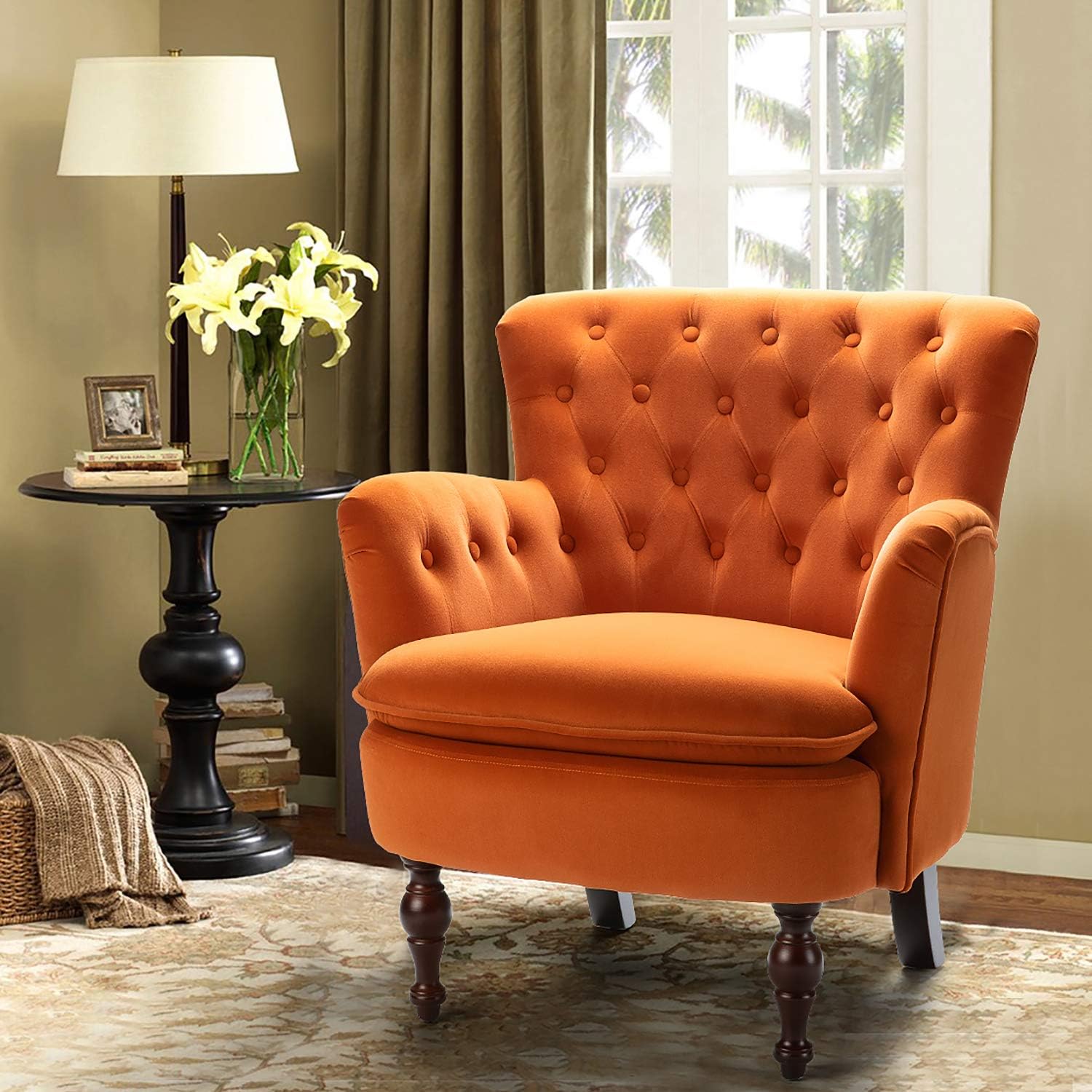 Amazon Com Orange Velvet Tufted Arm Chair Isabella Small Accent Chair For Lving Room Bedroom Orange Kitchen Dining