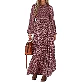 PRETTYGARDEN Women's Spring Dresses 2026 Long Sleeve Flowy Casual Floral Maxi Dress Crew Neck Smocked Tiered Long Dress
