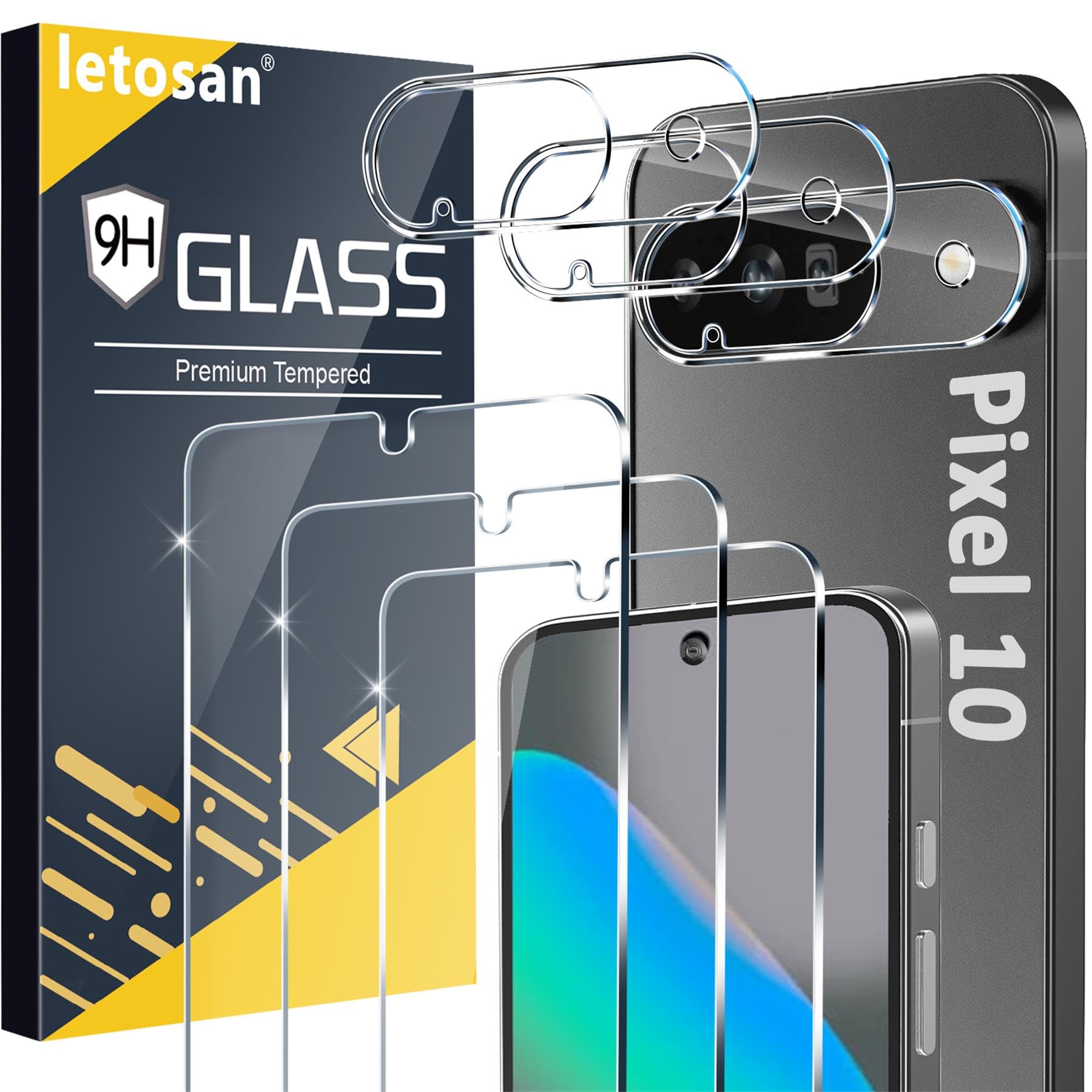 letosan 3 Pack for Google Pixel 10 Screen Protector Tempered Glass + 3 Pack Camera Lens Protector, Military Grade Shatterproof, 9H Hardness, Fingerprint Unlock,Case Friendly 6.3 Inch