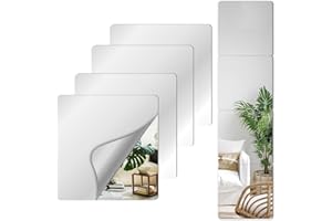 quegau Kids Mirror Shatterproof Acrylic Mirror Full Length Mirror Tiles (about 10''x10''x 4PCS),Adhesive Unbreakable Acrylic for Bedroom Long Mirror,Door, Kids Room,Workout Mirrors for Home Gym Wall