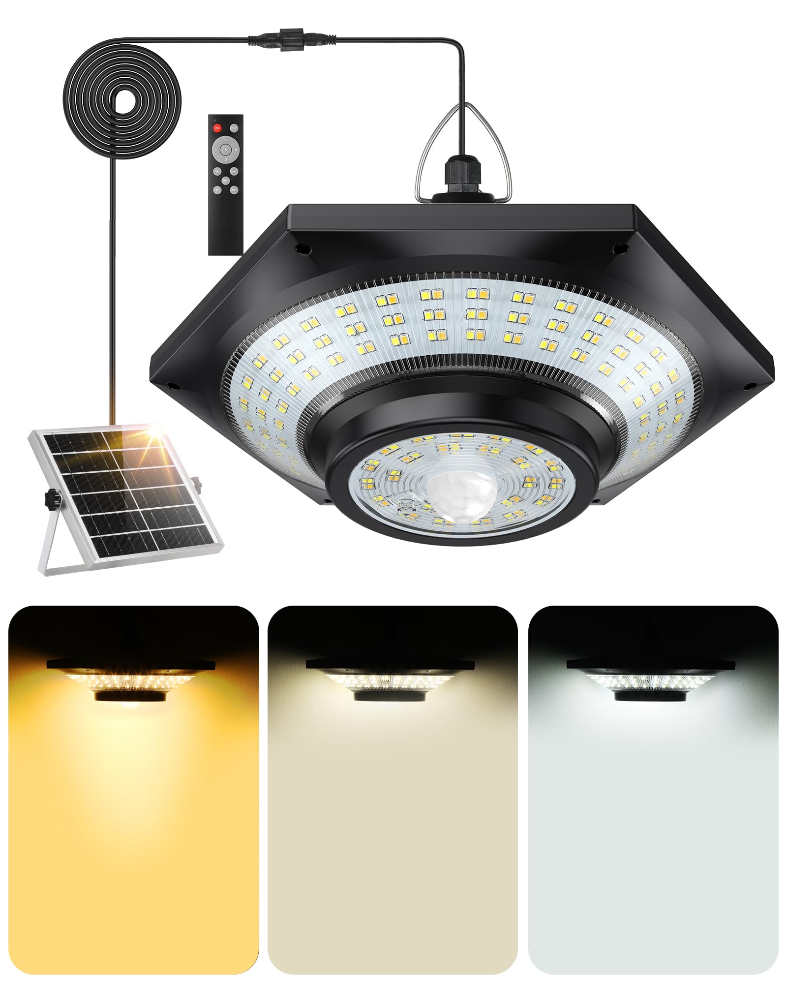 FabStyl Solar Shed Light Indoor & Outdoor Motion Sensor，3 Color Temperature, Gazebo Pendant Light Solar Powered with Remote Control 5 Modes IP65 Waterproof for Garage Garden Warehouse Patio Umbrella
