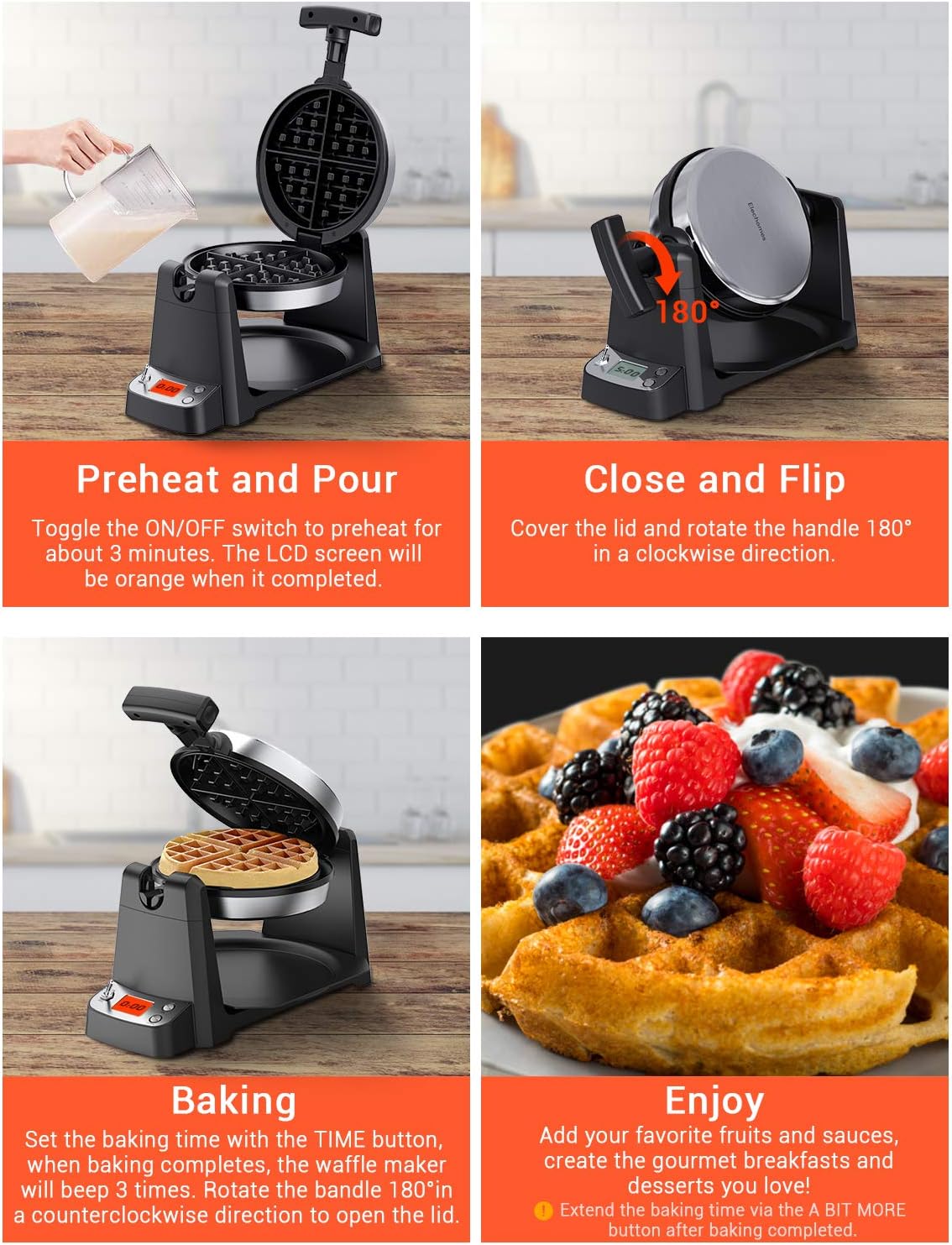 Elechomes Flip Belgian Waffle Maker with LCD Display (1.4" Thick Waffles), 180° Rotating Waffle Iron, Digital Timer, Non-Stick Coating Plates, Removable Drip Tray, Recipes Included, Stainless Steel: Kitchen & Dining