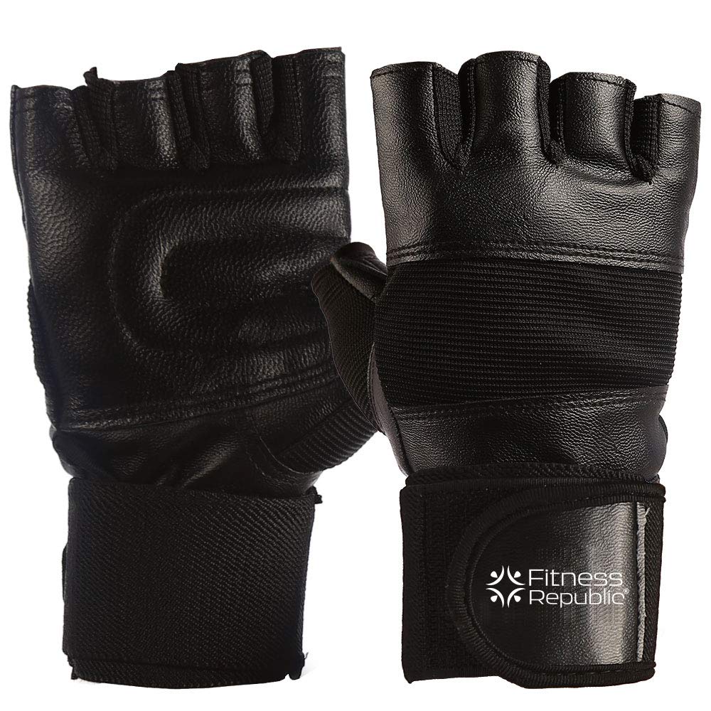 Fitness Republic Weight Lifting Gym Gloves For Men Women Leather Palm Extended Wrist Support Black Workout Gloves Breathable Mesh Rowing Gloves