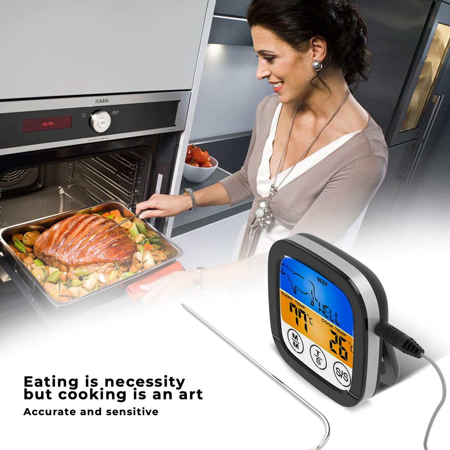 Digital Touchscreen Food Thermometer for Meat Poultry Fish Cooking in Frying Pan Smoker Oven BBQ Grill with Sensitive Color LCD Display | All Temperature and Timer Modes | Best Taste Results (Silver): Kitchen & Dining