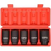 CASOMAN 1/2-Inch Drive Deep Spindle Axle Nut Impact Socket Set, 1/2" Drive Deep Impact Socket Set, Inch, Cr-Mo, 6-Point, 1-3/