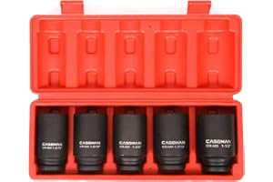 CASOMAN 1/2-Inch Drive Deep Spindle Axle Nut Impact Socket Set, 1/2" Drive Deep Impact Socket Set, Inch, Cr-Mo, 6-Point, 1-3/