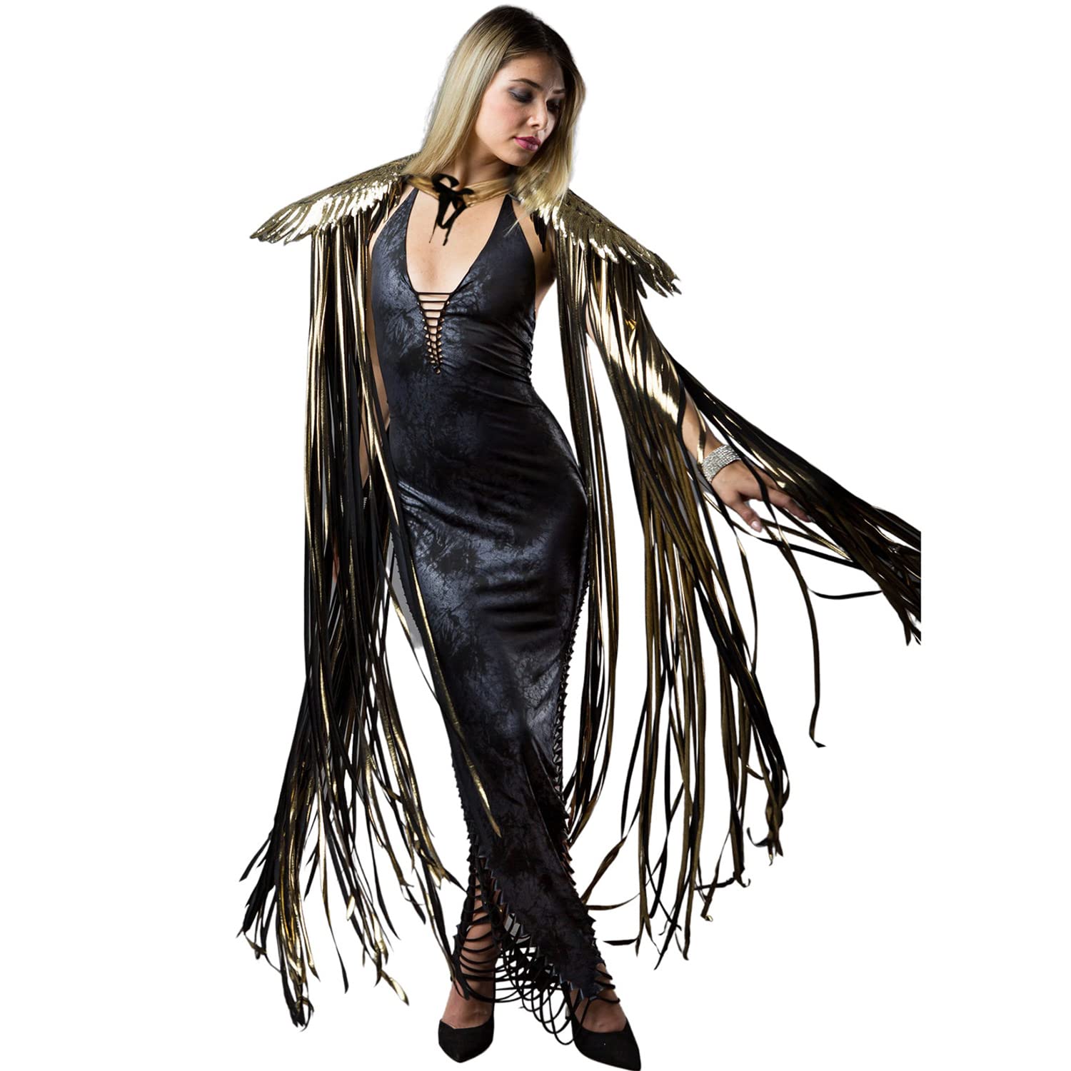 Photo 1 of Ypser Shoulder Pieces with Fringed Angel Wings Cape Shawl for Burning Men Halloween Cosplay Golden